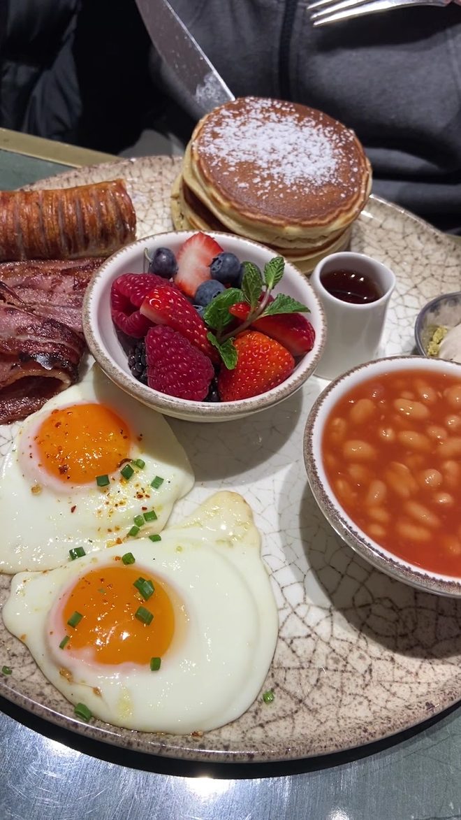 A shared brunch table seen from above